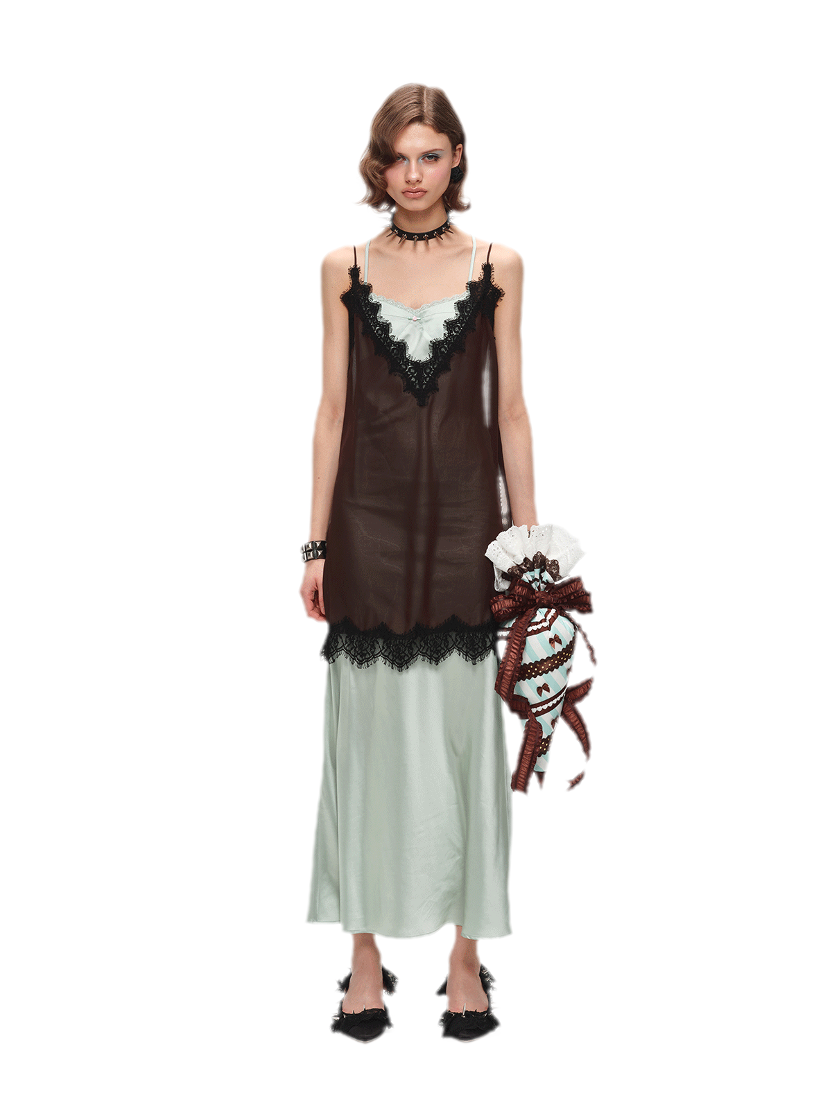 Deep V-Neck Lace Chiffon Satin Dress