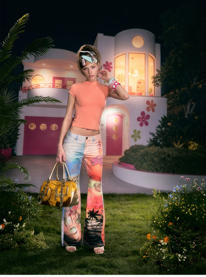 Printed Cotton Wide-Leg Jeans