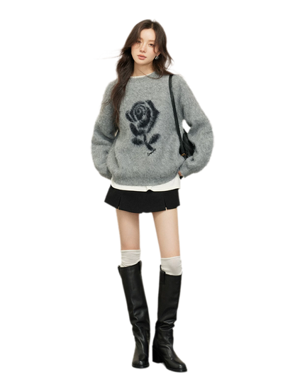 Rose Jacquard Grey Sweater