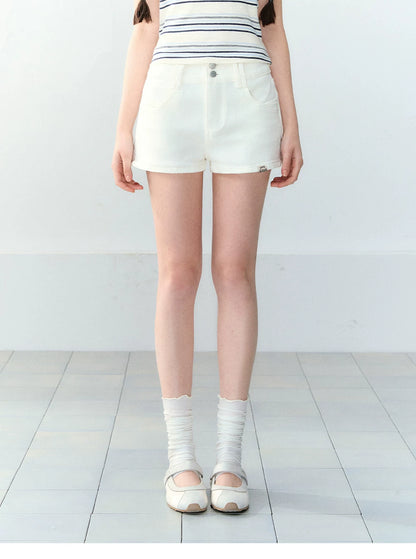White Korean Casual High-Waist Denim Shorts