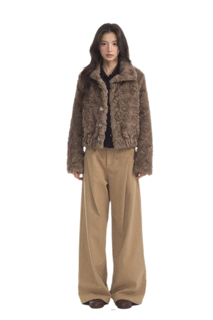 Geplooide broek met wijde pijpen van wolachtige stof
