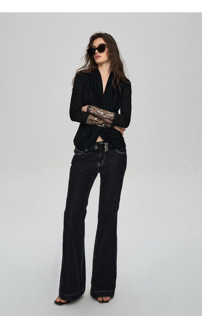 Embroidered Acetate Silk Cross-Knot Long Sleeve T-Shirt