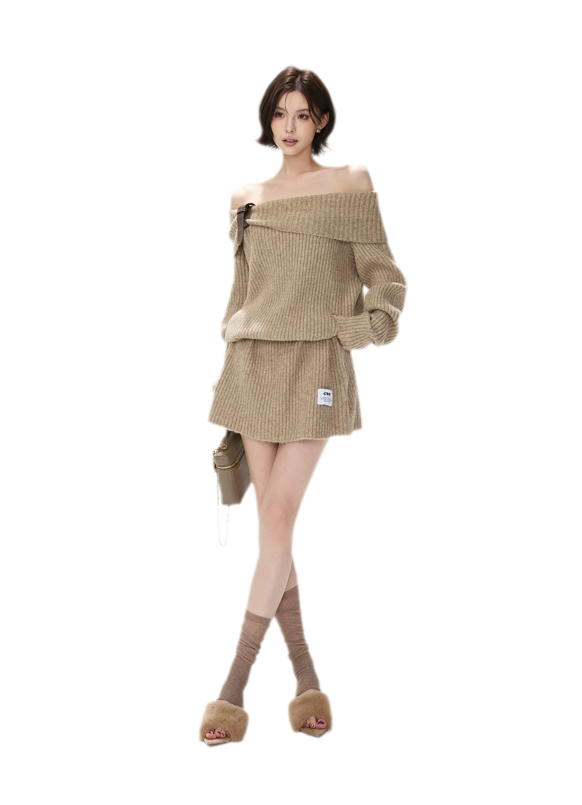 Aufgerautes geripptes One-Shoulder-Strickkleid
