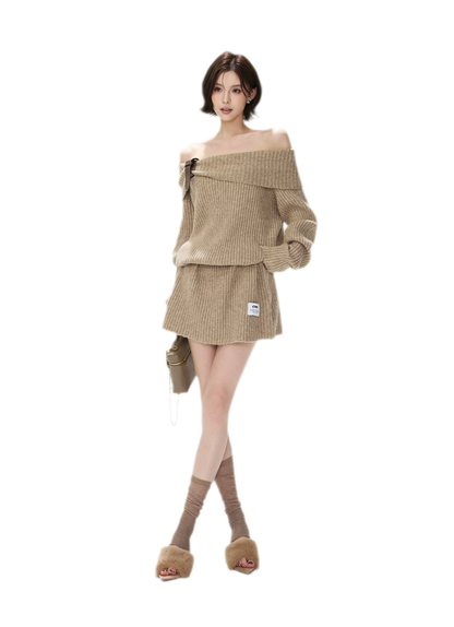 Aufgerautes geripptes One-Shoulder-Strickkleid