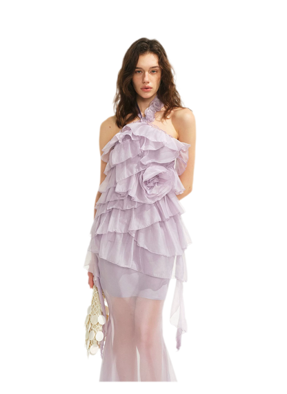 Sheer Rose Halter Fishtail Dress