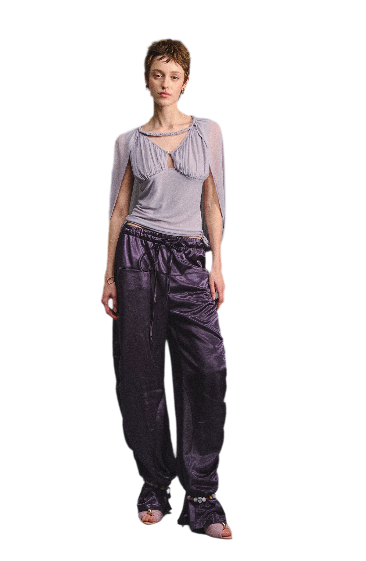Ruched Mesh V-Neck Top