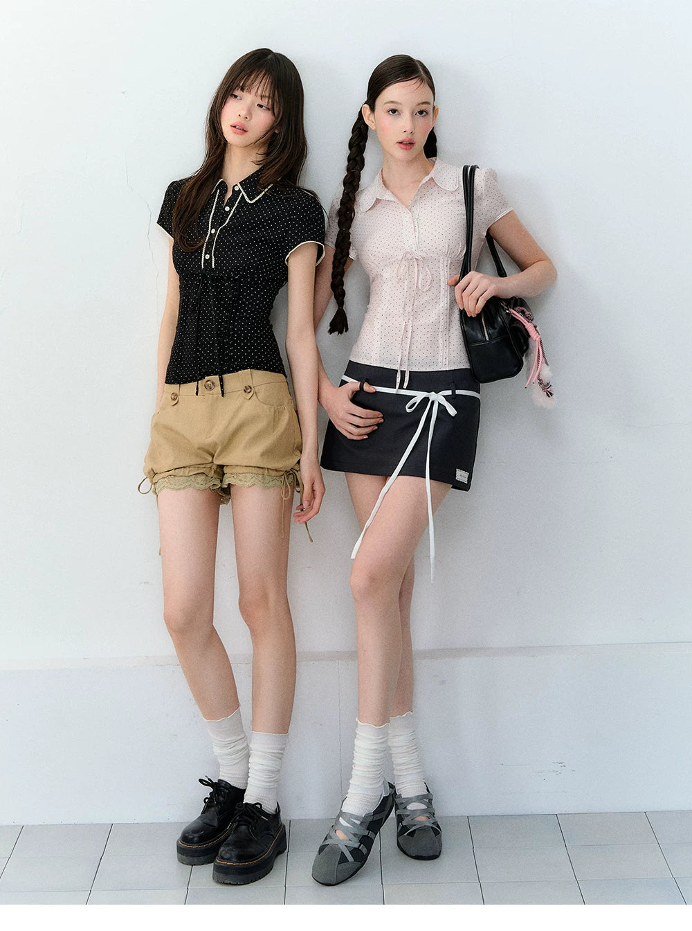 Korean Style Lyocell Waist-Tie Polka Dot Puff Sleeve