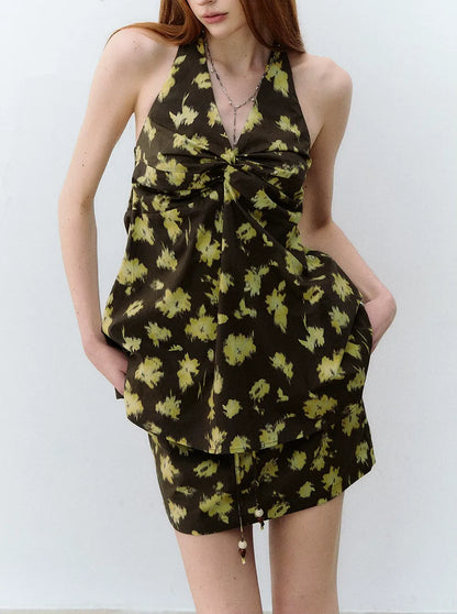 Twin Flowers French Floral Halter Top &amp; Drawstring