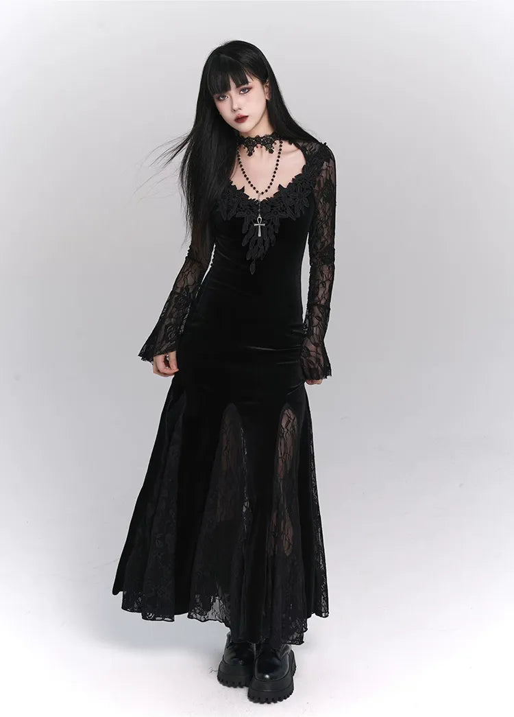 Lace-Sleeve Mermaid Gothic Dress