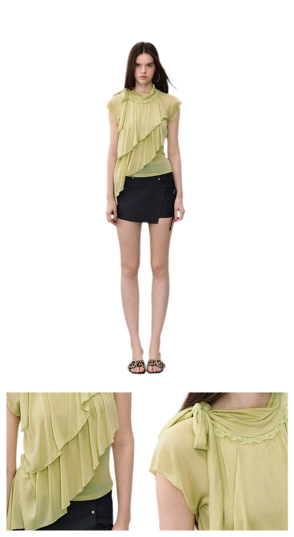 Ruffle Tie-Neck Tencel Short Sleeve Top