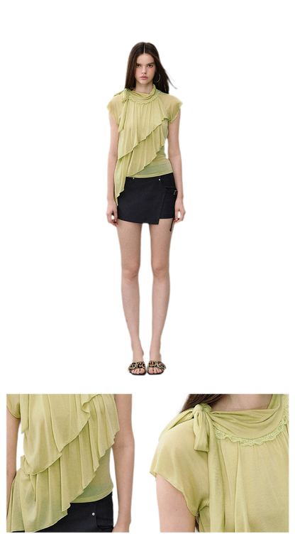 Ruffle Tie-Neck Tencel Short Sleeve Top