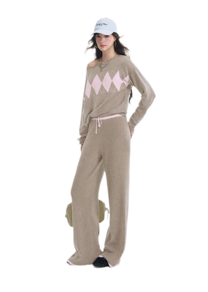 Argyle Off-Shoulder Knit Set