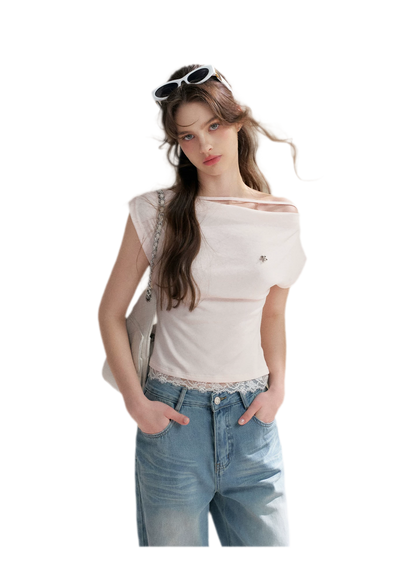 Lace Trim Asymmetric Short Sleeve T-Shirt