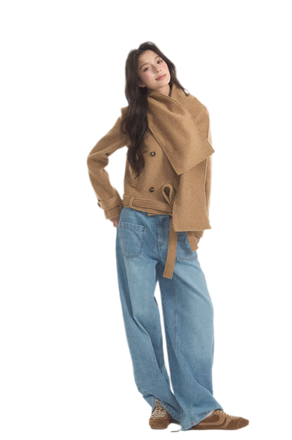 Wool Double-Breasted Cropped Coat