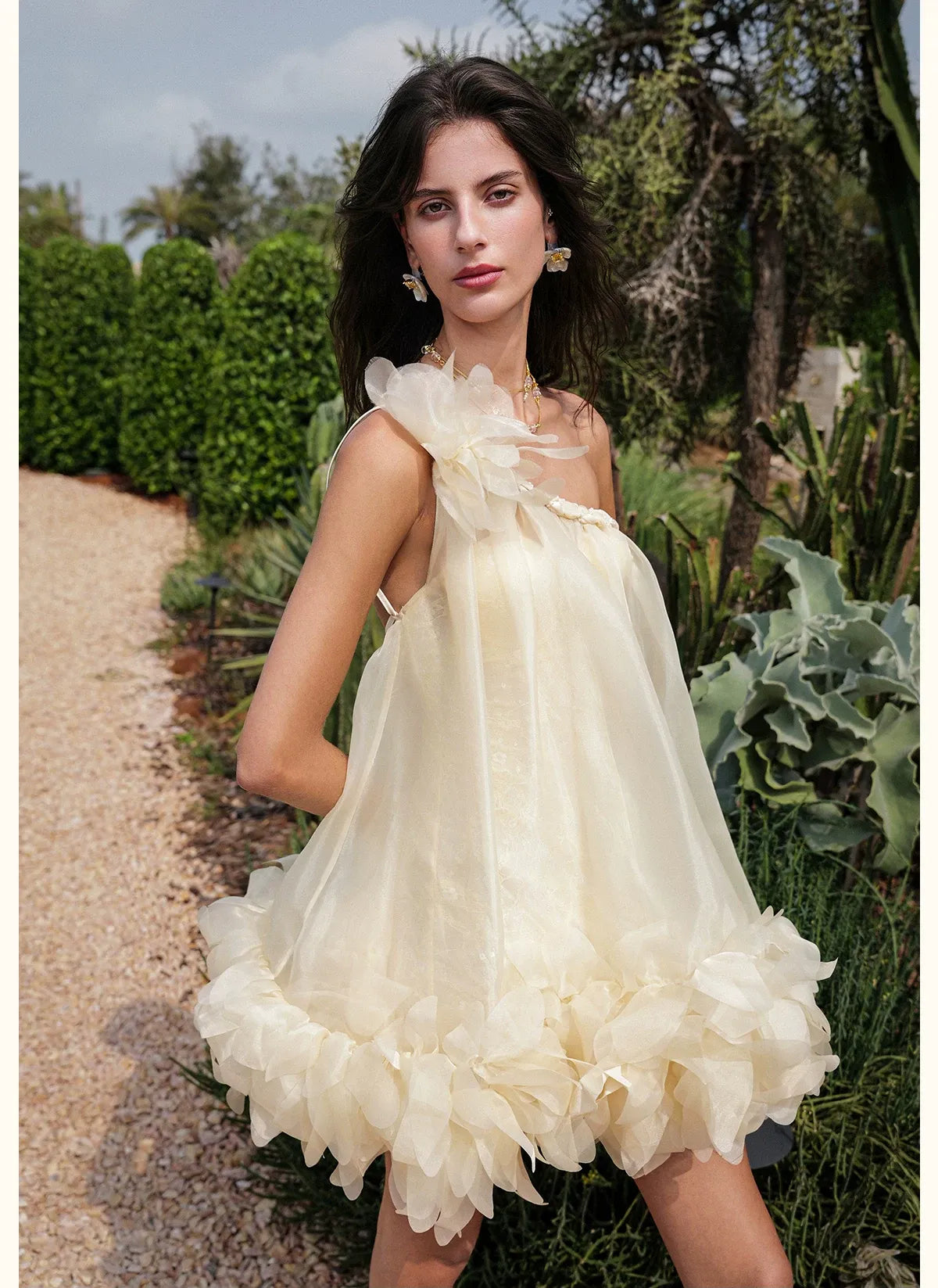 Sequined One-Shoulder Organza Dress