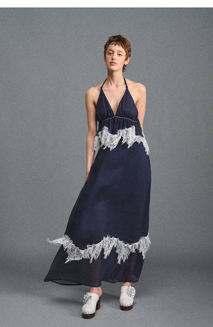 Deep V Halter Maxi Dress in Serene Blue