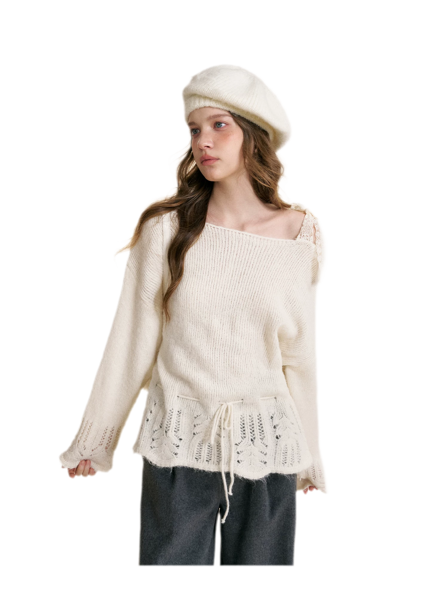 Lace Drawstring Off-Shoulder Sweater