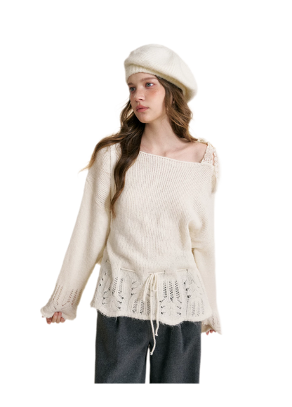 Lace Drawstring Off-Shoulder Sweater