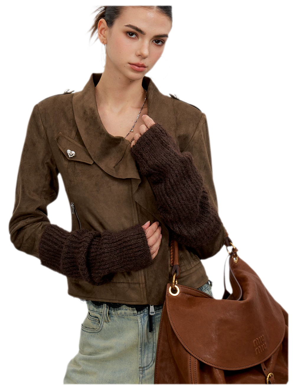 Suede-Effect Asymmetric Cropped Jacket