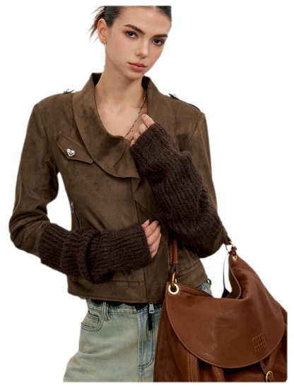 Suede-Effect Asymmetric Cropped Jacket