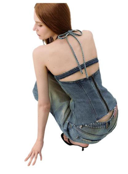 Denim Halter Top and Wide-Leg Jeans Set