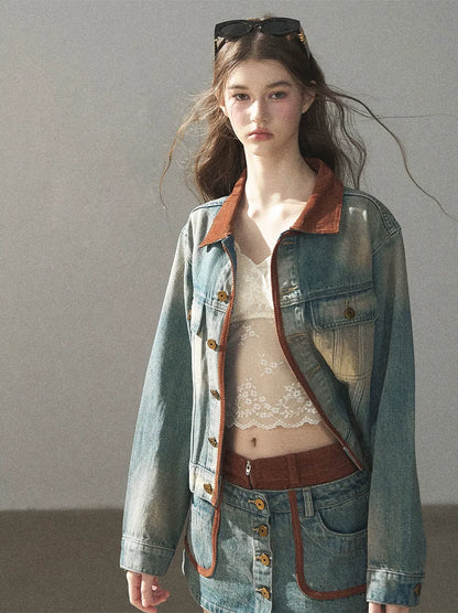 Washed Denim Jacket Skirt Set