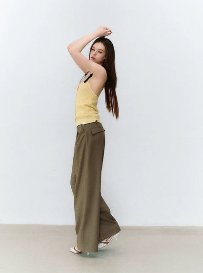 Rhinestone Pleated Waistband Wide-Leg Pants