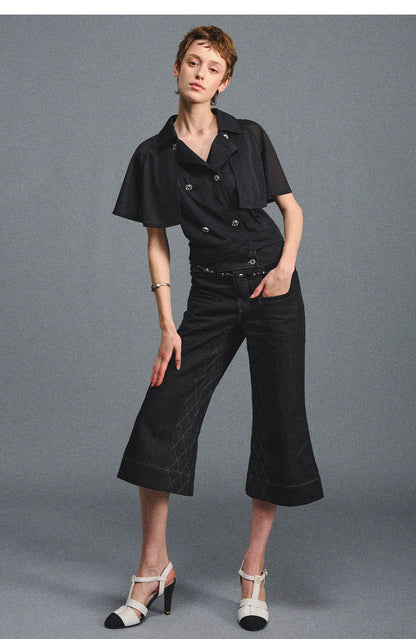 Detachable Cape Chiffon Blouse with Lace Detail