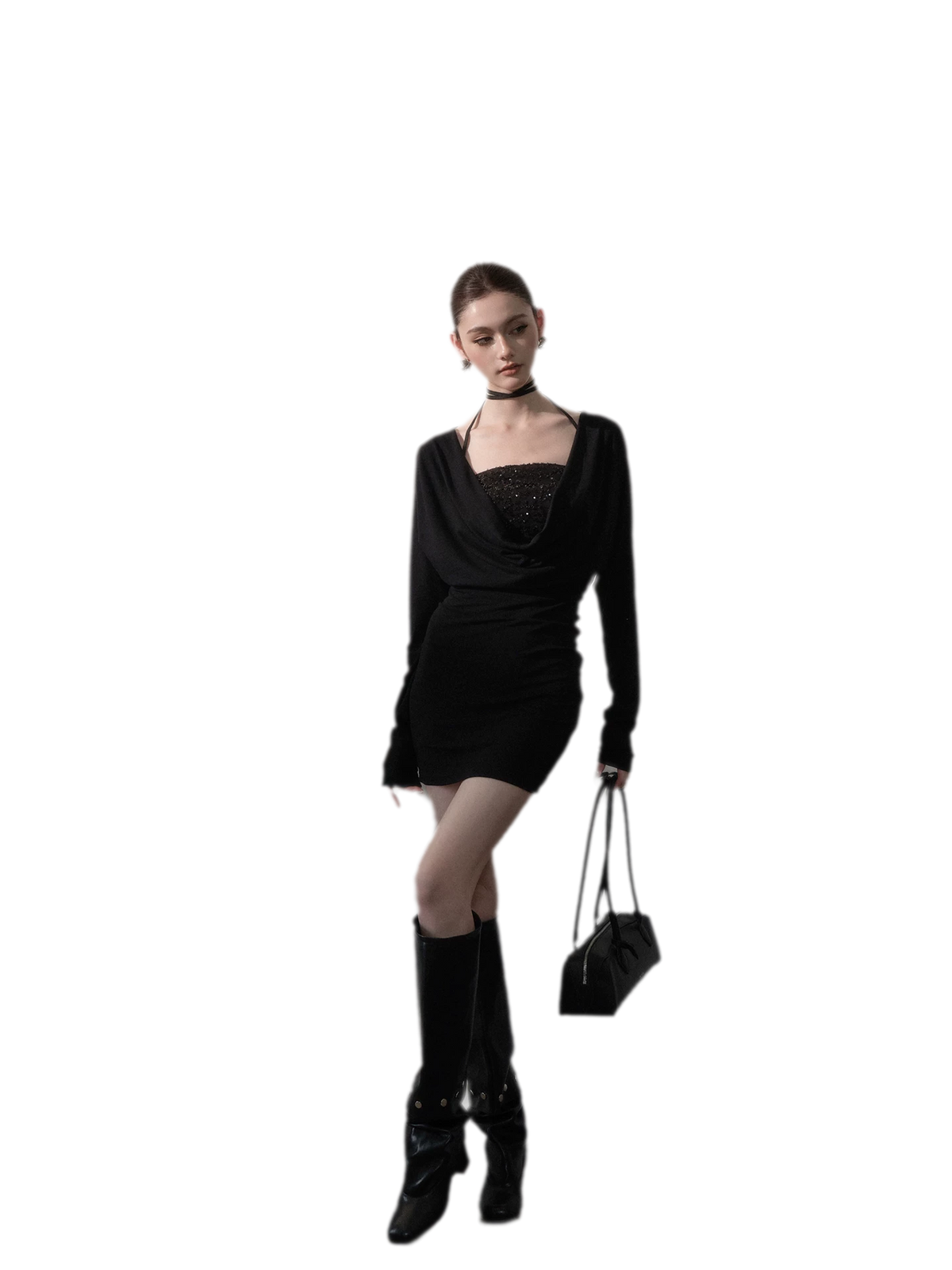 Sequined Draped Cowl Bodycon Dress