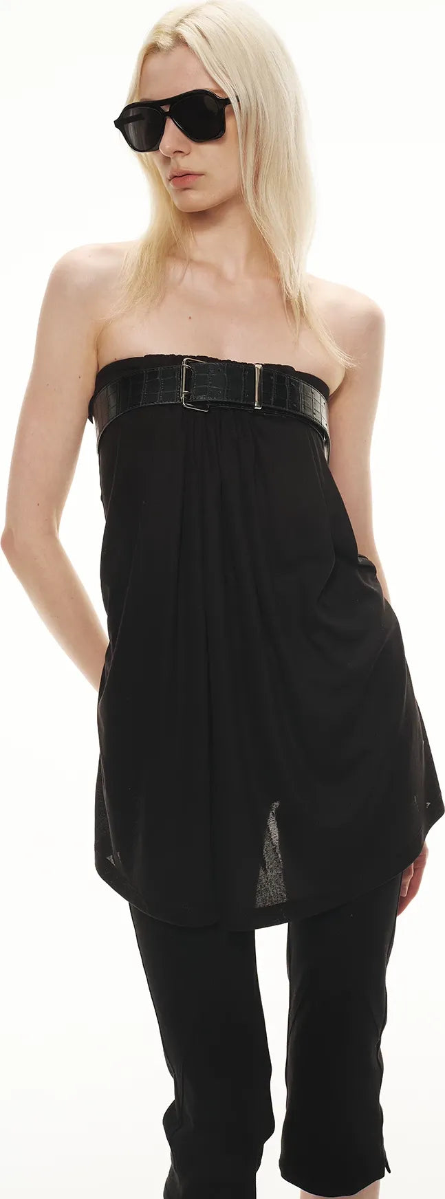 Tencel Lyocell Strapless Waist-Accentuated Top with Belt