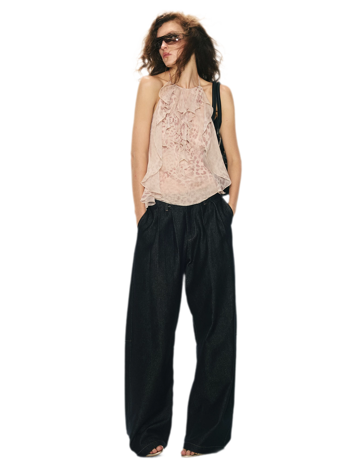 Off-Shoulder Halter Chiffon Check Print Top