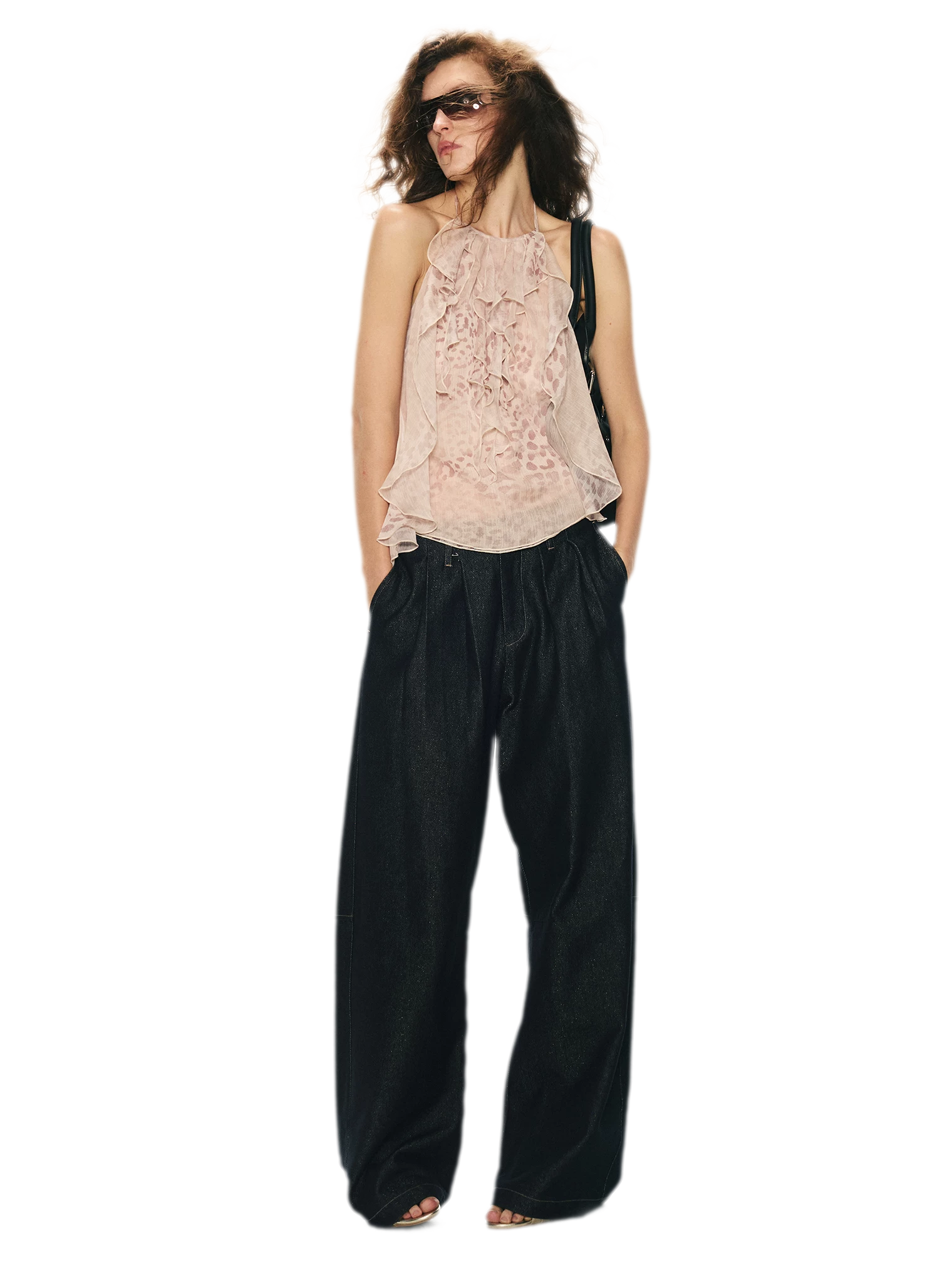 Off-Shoulder Halter Chiffon Check Print Top