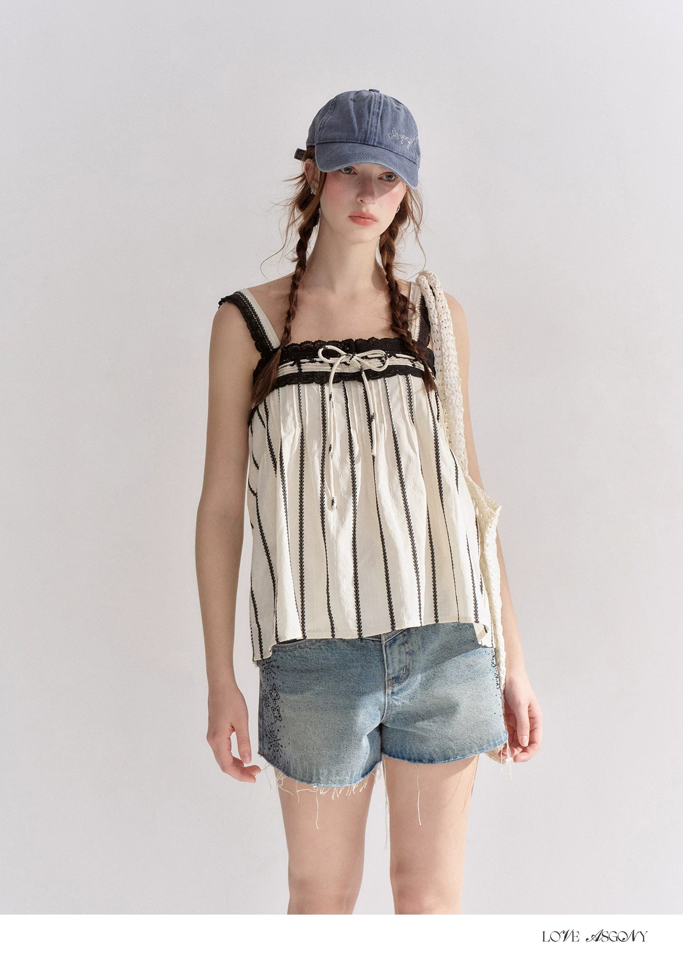 Striped Lace-Trim Tie-Front Camisole