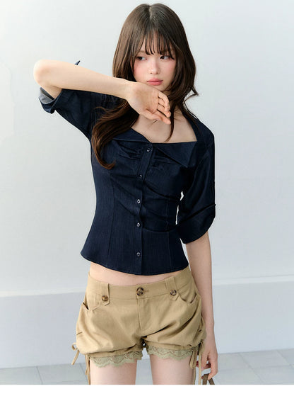 Korean Style Stretch Denim-Look Shirt