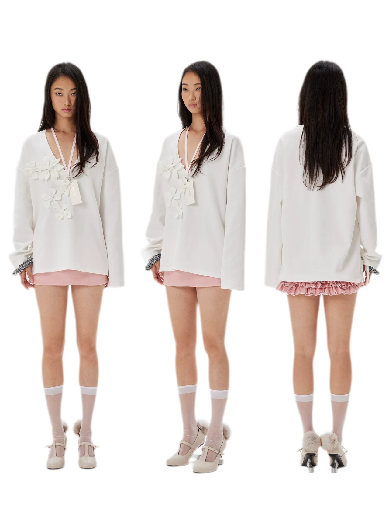 Handmade Flower Appliqué V-Neck Sweatshirt