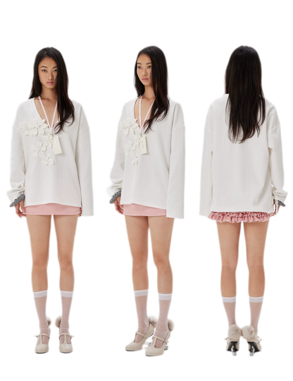 Handmade Flower Appliqué V-Neck Sweatshirt