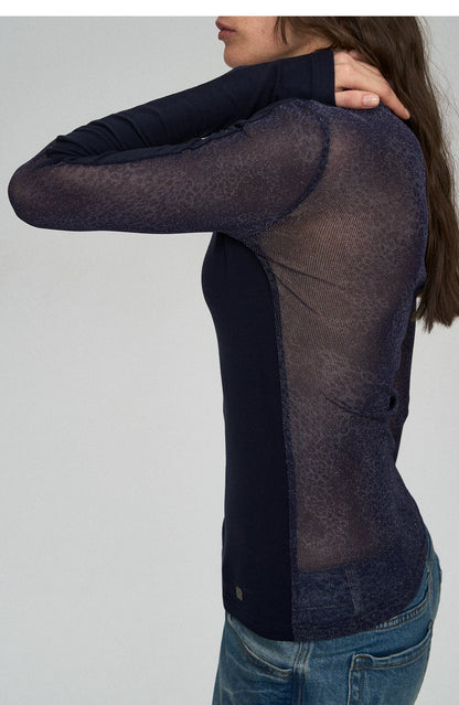 Wool Lyocell V-Neck Long Sleeve Top with Lace