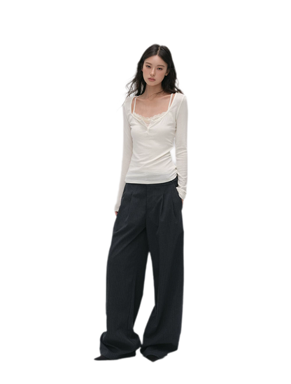 Pinstriped Pleated Wide-Leg Trousers