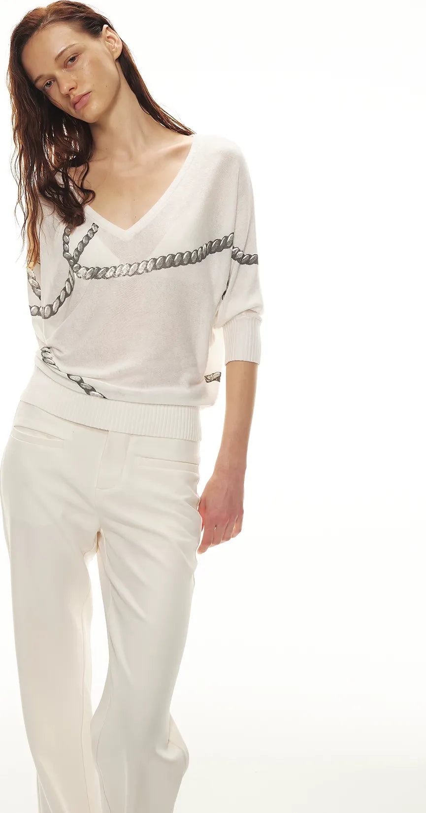 Sheer Asymmetric Chain Print Pullover Top