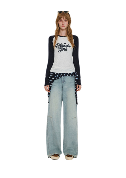 Washed Curved Wide-Leg Jeans