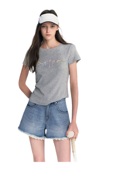 Lace Trim Washed Denim Shorts