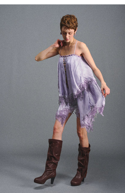 Lavender Galaxy Lace Satin Beaded Strap Dress