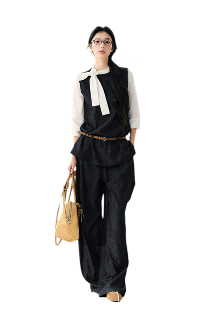 Contrast Ribbon Denim Blouse