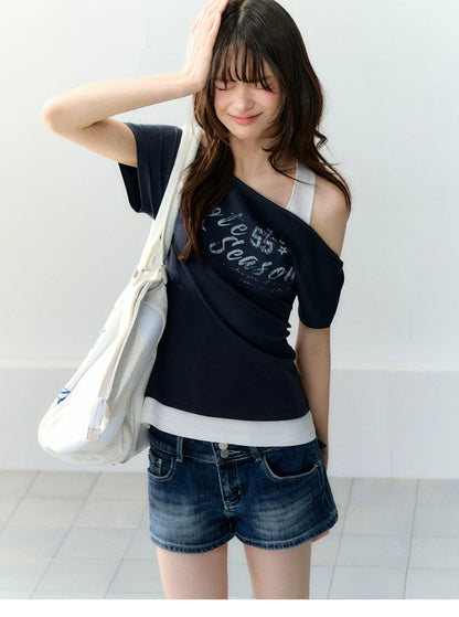 Vintage American Style Printed Off-Shoulder Cropped T-shirt