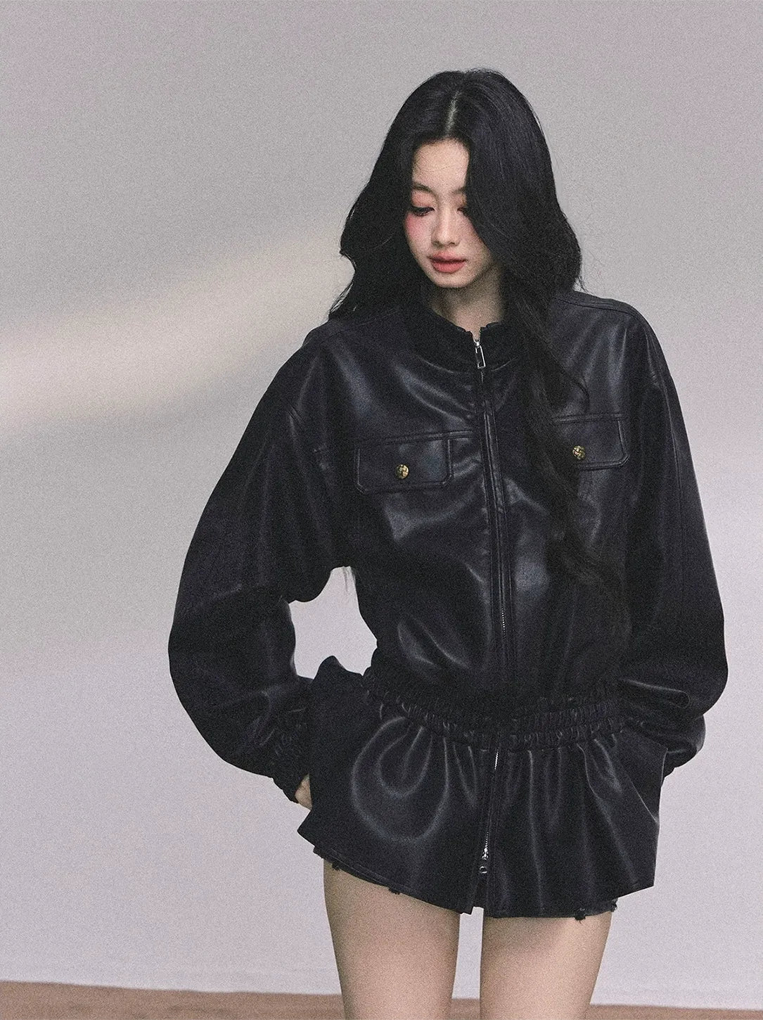 Faux Leather Stand Collar Jacket