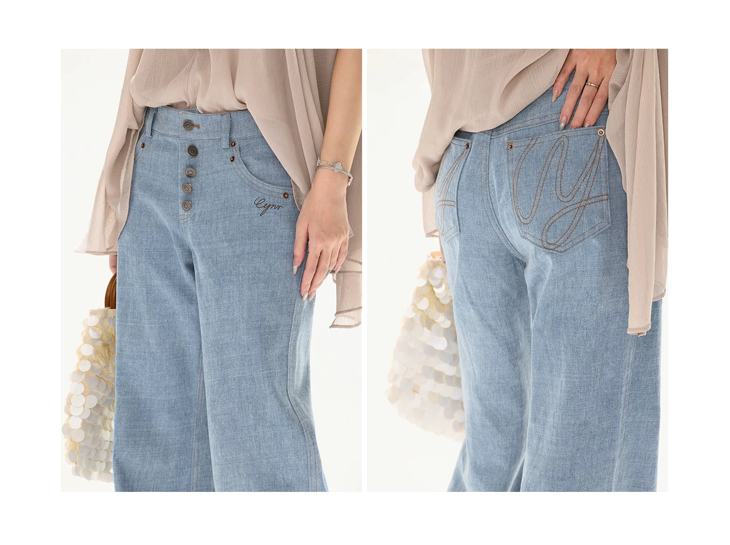 90s Vintage Washed Metal Button Wide-Leg Denim Pants