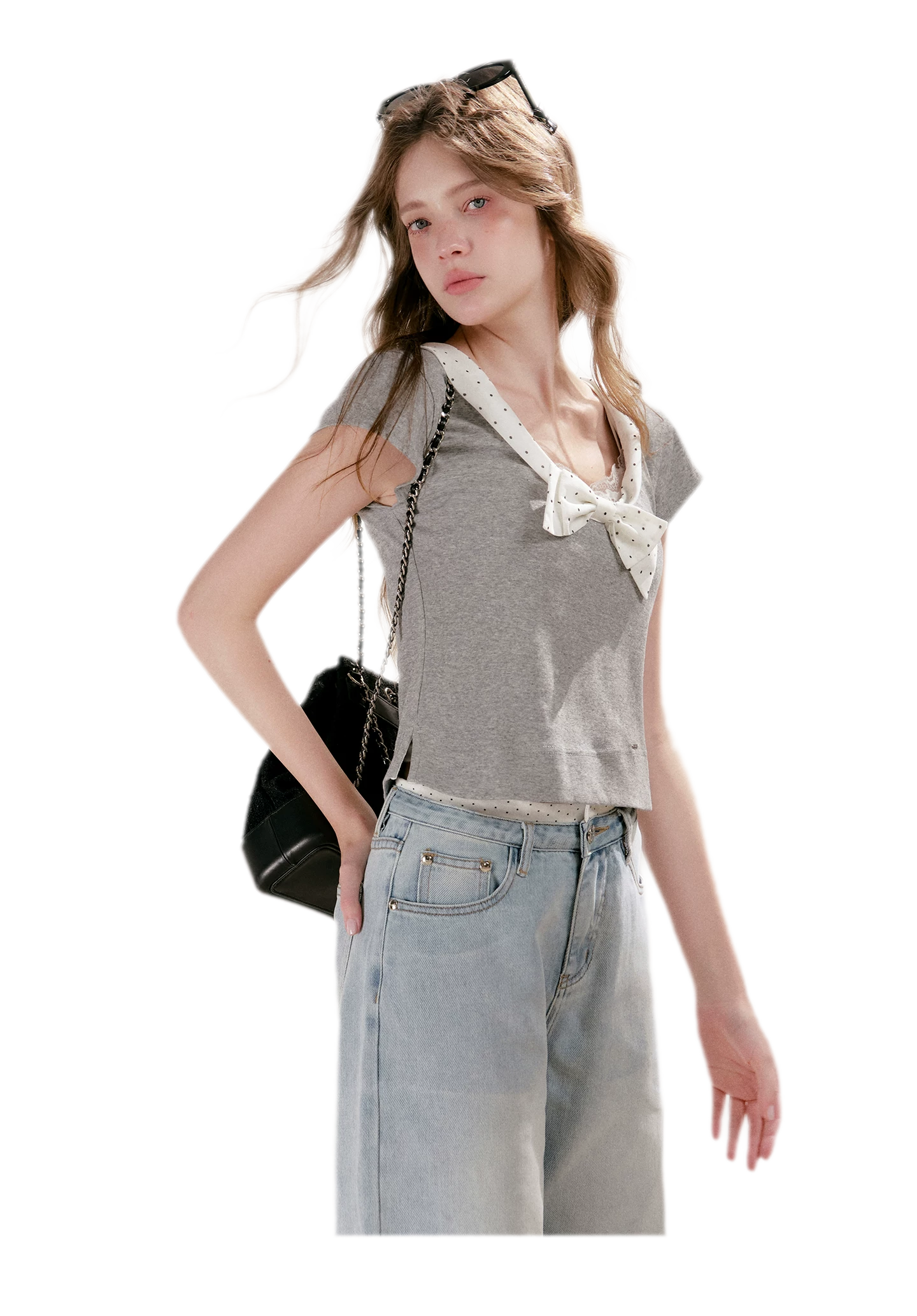 Polka-Dot Bow Knit Top