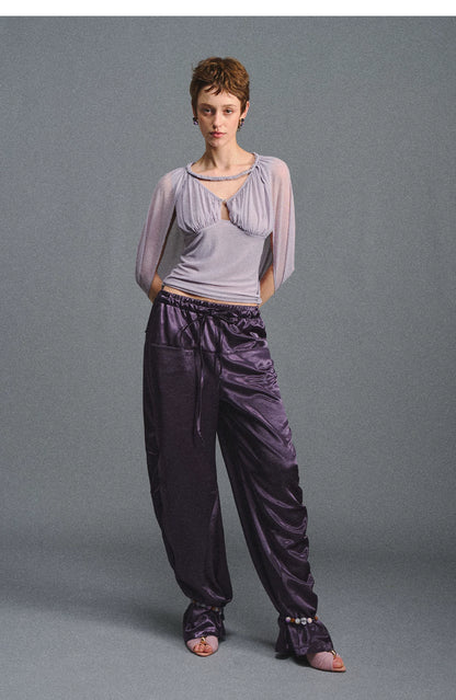 Satin Jogger Pants with Beaded Drawstring