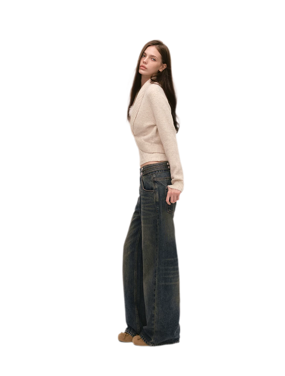 Quần jeans ống rộng giặt bạc chải xước