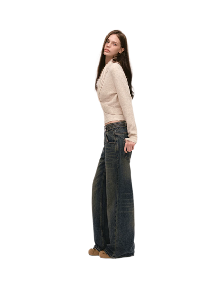 Quần jeans ống rộng giặt bạc chải xước